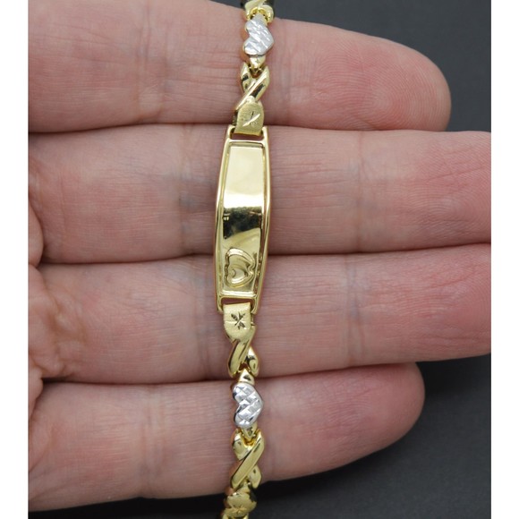 Real 10K Solid Two-tone Gold 7 Shiny Engraving XO Love Heart ID Bracelet 4.2gr